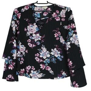 Lily White Blouse Long Tiered Sleeve V-Neck Women M Metallic Black Purple Floral